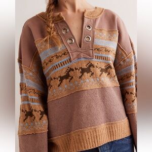 Free People We the Free Running Wild Horse Print Pullover Camel Combo NWOT